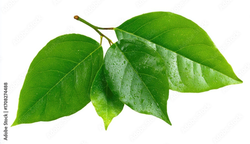 Fototapeta premium Three vibrant green leaves, slightly overlapping, on a small stem against a pure white background. The leaves display a healthy, glossy texture with visible water droplets