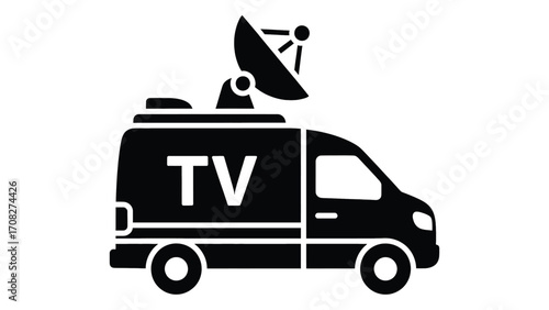Tv broadcasting van with satellite dish isolated on white background
