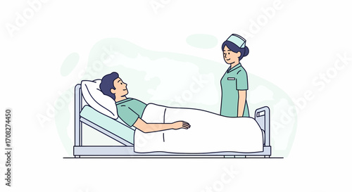 Patient In Hospital Bed With Nurse, Medical Care And Attention
