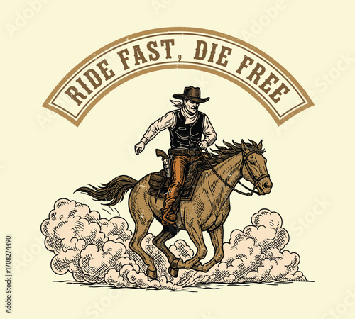 Vintage Cowboy Riding Horse with "Ride Fast, Die Free" Western Typography Design