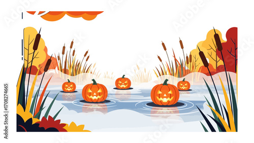 Halloween Pumpkin Serenade: The ethereal glow of carved pumpkins floats on the tranquil water, framed by autumn foliage and a whimsical landscape.