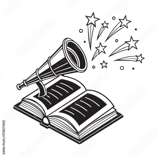 An open book with a telescope pointing out of it, with stars shooting out of the telescope, isolated on white background