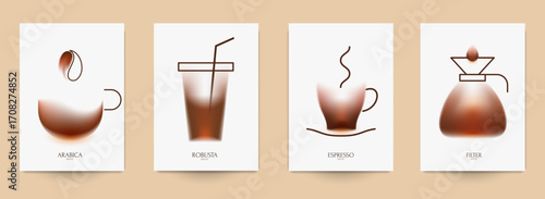 Set of coffee composition in minimalistic style. Design template for branding shop or cafe invitation, business card, menu page, banner, flyer. Vector illustration.