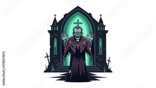 Undead Priest in Gothic Embrace: In a chilling tableau, a zombie priest emerges from a haunting gothic church, inviting you into a realm of terror.