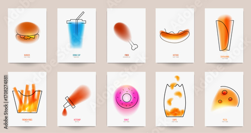 Set of fast food product composition in minimalistic style. Design template for branding shop or cafe invitation, business card, menu page, banner, flyer. Vector illustration.