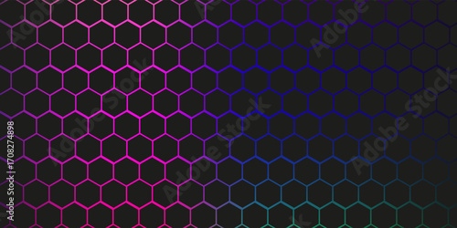 Dark hexagon abstract technology background with blue and green colored bright flashes under hexagon. Hexagonal gaming vector tech illustration.modern