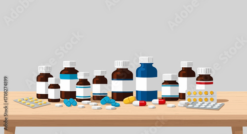 Various Medications And Pills Arranged Neatly On Table