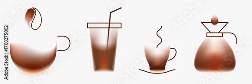 Coffee cup, bean, espresso mug, filter. Set graphic element for cafe, design beverage, restaurant. Creative minimal composition with gradient blurred and line elements. Collection vector illustration.