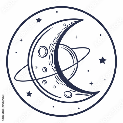 Celestial Crescent Moon Illustration with Stars and Rings