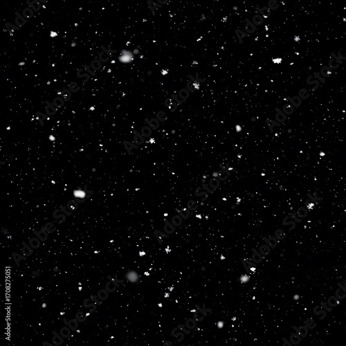A myriad of small, white snowflakes are dispersed throughout a completely black background.