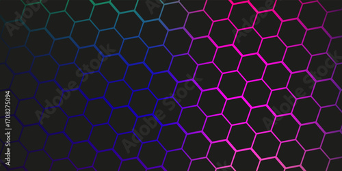 Dark hexagon abstract technology background with blue and green colored bright flashes under hexagon. Hexagonal gaming vector tech illustration.modern