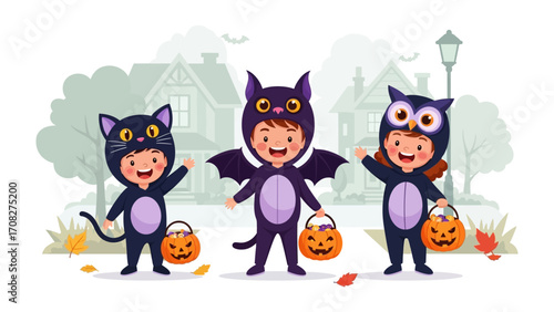 Halloween Costume Trio: Three adorable children, dressed as a black cat, a bat, and an owl, happily trick-or-treat in a charming neighborhood, ready to collect candy during Halloween celebration.