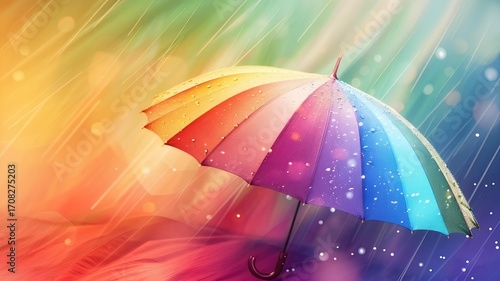 A vibrant rainbow umbrella catches raindrops against a glowing, colorful sky. A joyful and symbolic image of hope, protection, and emotional resilience in the storm.