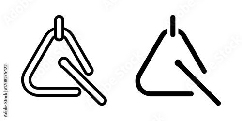 Triangle Bell icon set. Minimalist line art illustration of a triangle musical instrument with a beater, perfect for music education and creative projects.