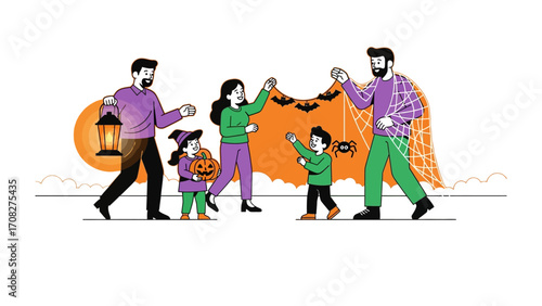 A Happy Family Decorating for Halloween: A cartoonish family enthusiastically prepares for Halloween, hanging spooky decorations, with smiles, and a sense of delight.