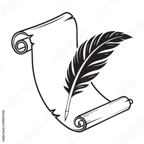 A quill pen rests on a rolled parchment scroll, isolated on a white background, symbolizing writing and history