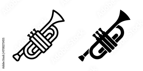 Trumpet icon set. A simple trumpet illustration in both outline and solid styles. Perfect for music related design, jazz posters, or instrument icons.