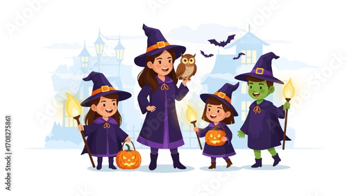 Halloween Witch Gathering: An adorable group of costumed witches, complete with hats, cloaks, and friendly companions, gather together during Halloween.