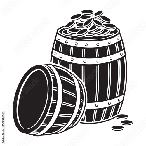 A wooden barrel overflowing with gold coins, with another barrel lying on its side next to it, isolated on white background