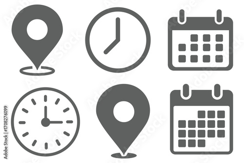 Time, date and address icon set. Travel concept or booking. Calendar, clock, location. Editable vector. Filled vector