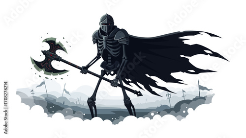 Shadow Guardian: A spectral figure stands as a formidable protector, clutching a wicked axe against a misty landscape, evoking a sense of gothic dread and dark fantasy.
