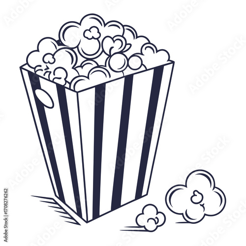 Monochrome line art illustration of a traditional striped popcorn box