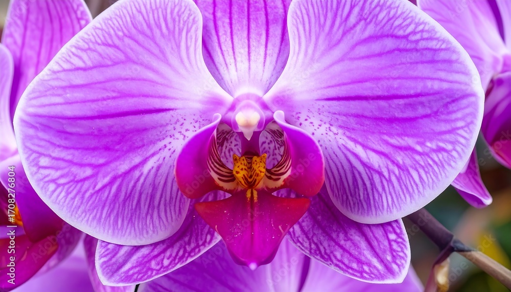 Fototapeta premium A close-up view of a vibrant purple orchid with intricate details and subtle striations