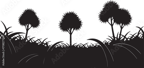 Black Silhouette of a Grassy Landscape with Three Spiky Trees black and white