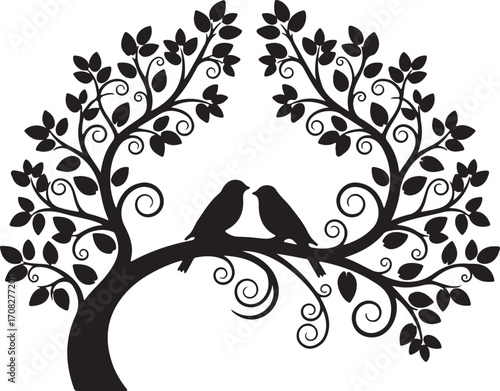 Black silhouette of a tree with two birds perched on a branch branches leaves