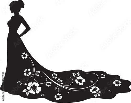 Black silhouette of a woman in a long flowing dress adorned with floral patterns female