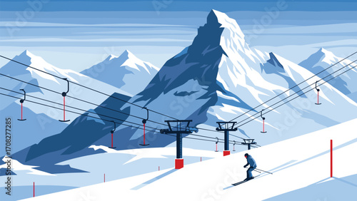 Mountain Adventure with Chairlift Illustration in Winter Landscape for Recreation and Vacation Fun