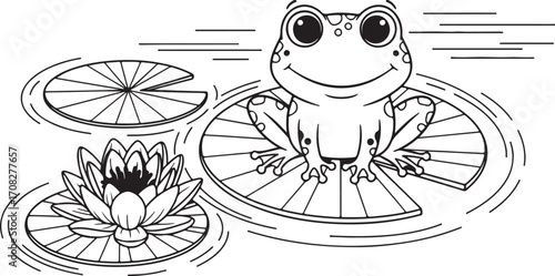 Cartoon frog sitting on a lily pad surrounded by water and lily pads illustration