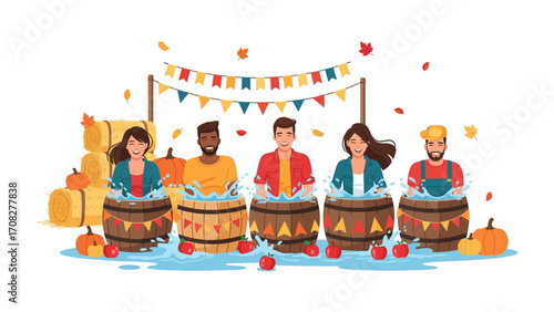 Apple Bobbing: A spirited harvest scene unfolds as a diverse group of individuals participates in apple bobbing, celebrating autumn with joy, surrounded by harvest symbols.