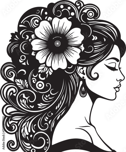 Elegant Woman Profile with Ornate Floral Hair Design Black and White Vector beauty