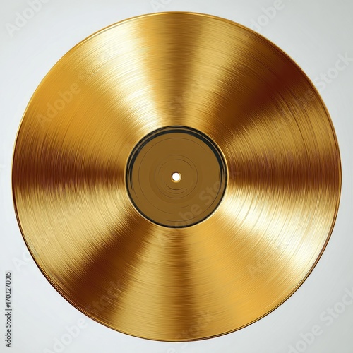 A golden, polished vinyl record.  A detailed, glossy, circular gold disc, with a muted, inner brown label.  Smooth, metallic finish