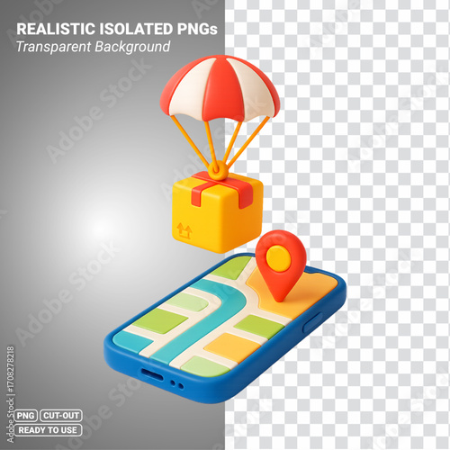 Parachute package over mobile map with location pin Transparent PNG file ready to be used.
