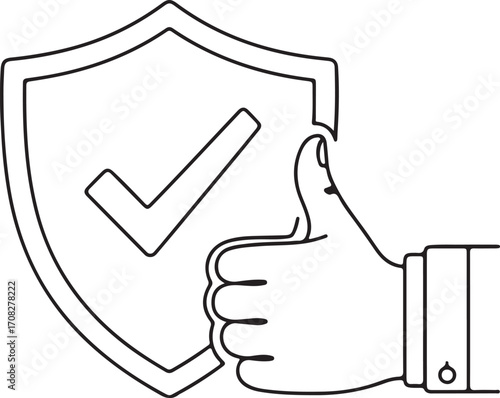 Line art of a hand giving a thumbs up next to a shield with a checkmark security protection