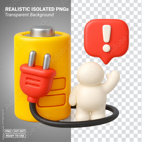 Battery with power plug and alert chat bubble with 3d character Transparent PNG file ready to be used.