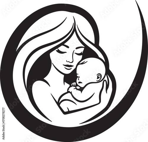 Mother holding a baby in a circular abstract design child infant