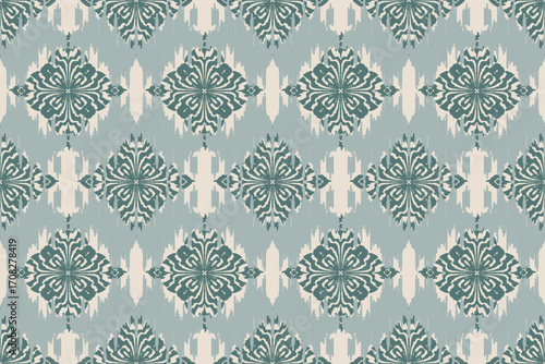 Ikat seamless pattern, geometric design, motif ethnic handmade, Ikat ethnic tribal, boho colors seamless wallpaper. Ethnic Ikat abstract background art.Illustration for greeting cards, printing