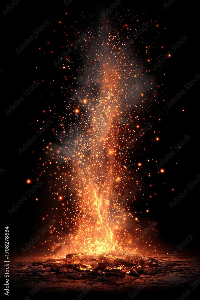 Fototapeta premium Fire sparks overlay on smoke and flame background. Grill heat, glow in isolated transparent cloud vector.