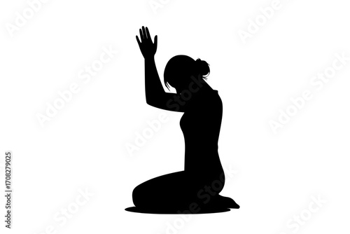 Lonely Woman Silhouette Kneeling and Praying – Emotional Black and White Vector of Female Figure on Floor with Raised Arms, Asking for Help, Spiritual Hope and Faith Illustration