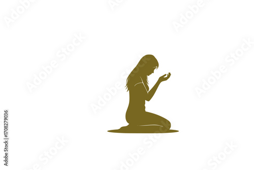Lonely Woman Silhouette Kneeling and Praying – Emotional Black and White Vector of Female Figure on Floor with Raised Arms, Asking for Help, Spiritual Hope and Faith Illustration