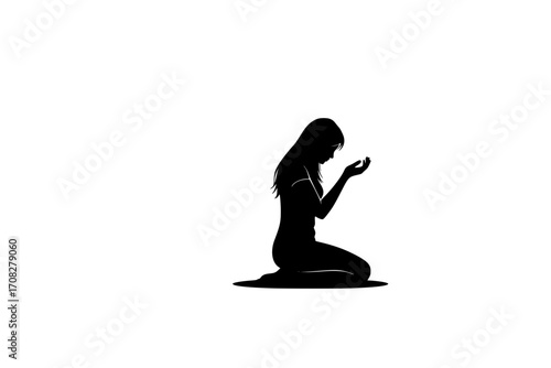 Lonely Woman Silhouette Kneeling and Praying – Emotional Black and White Vector of Female Figure on Floor with Raised Arms, Asking for Help, Spiritual Hope and Faith Illustration