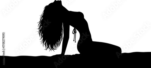 Silhouette of a Beautiful Woman with Long Hair Lying on the Beach – Elegant Female Figure Arching Gracefully, Relaxing Summer Pose, Minimalist Black and White Vector Illustration