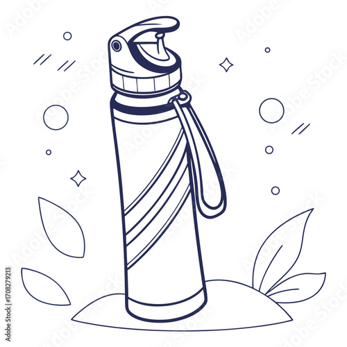 Outline drawing of a fitness hydration flask with leaves and sparkles