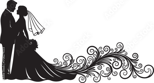 Silhouette of a bride and groom with decorative swirls on a white background wedding