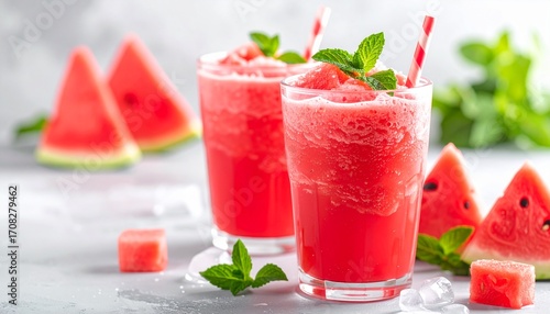Watermelon Smoothie with Ice and Mint