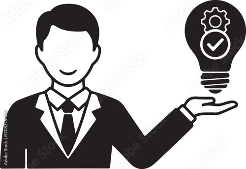 Silhouette of a man in a suit presenting a lightbulb with gears and a checkmark person
