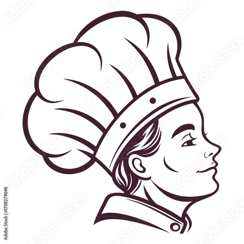 Elegant line art illustration of a smiling young chef in profile view